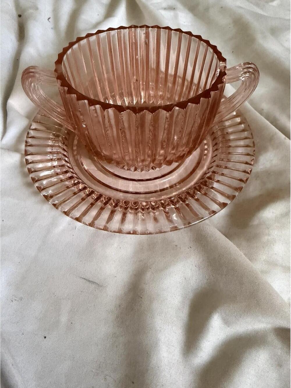 CUP & SAUCER Pink Depression  Anchor Hocking Queen Mary Ribbed Round Handle